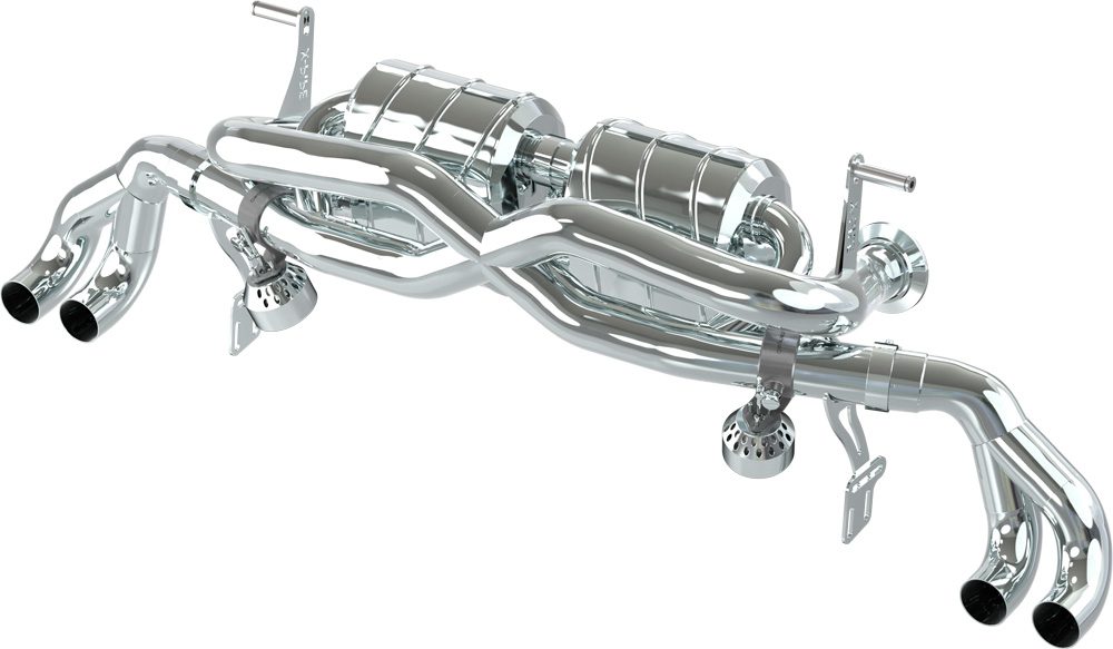 Capristo Audi R8 V8 X-pipe exhaust angled view with round black-ringed outlets