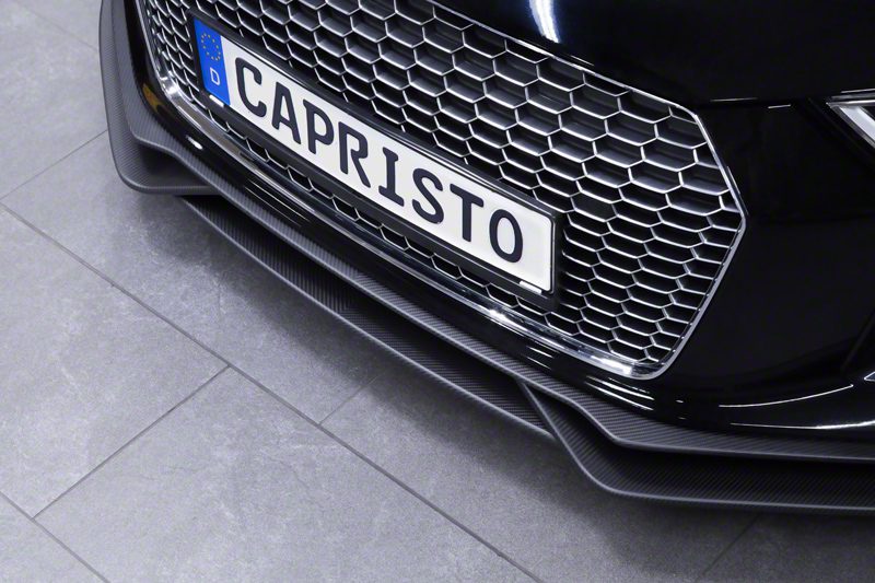 Capristo carbon fiber front spoiler on a black Audi R8 Gen2, close-up