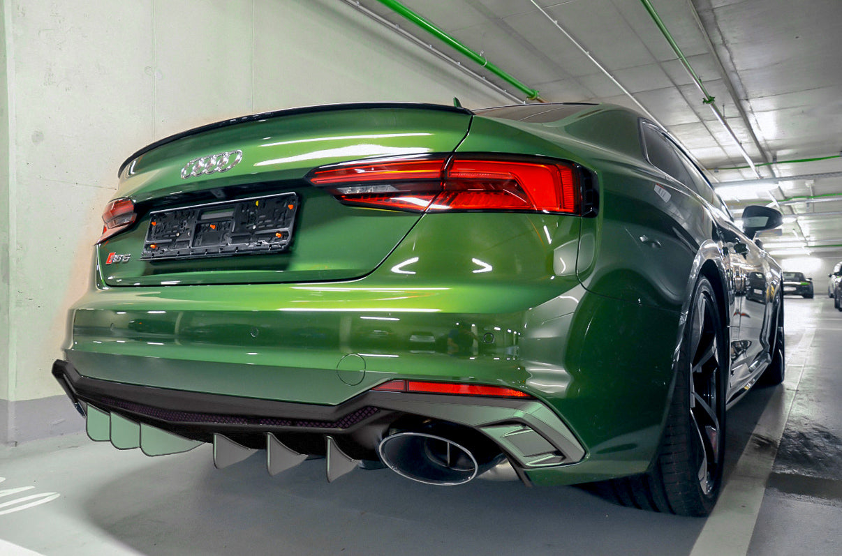 Green Audi RS5 F5 coupe rear with Capristo carbon fiber rear diffuser
