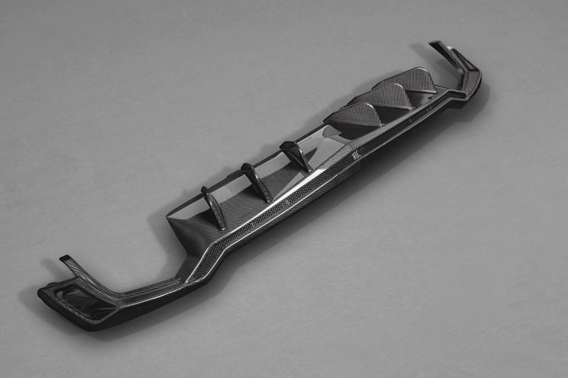 Capristo Audi RS5 F5 carbon rear diffuser, angled view of fins