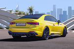 Yellow Audi RS5 F5 rear view with Capristo carbon fiber diffuser and quad tips