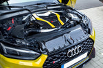 Yellow Audi RS5 F5 engine bay with Capristo carbon engine cover and lock cover set