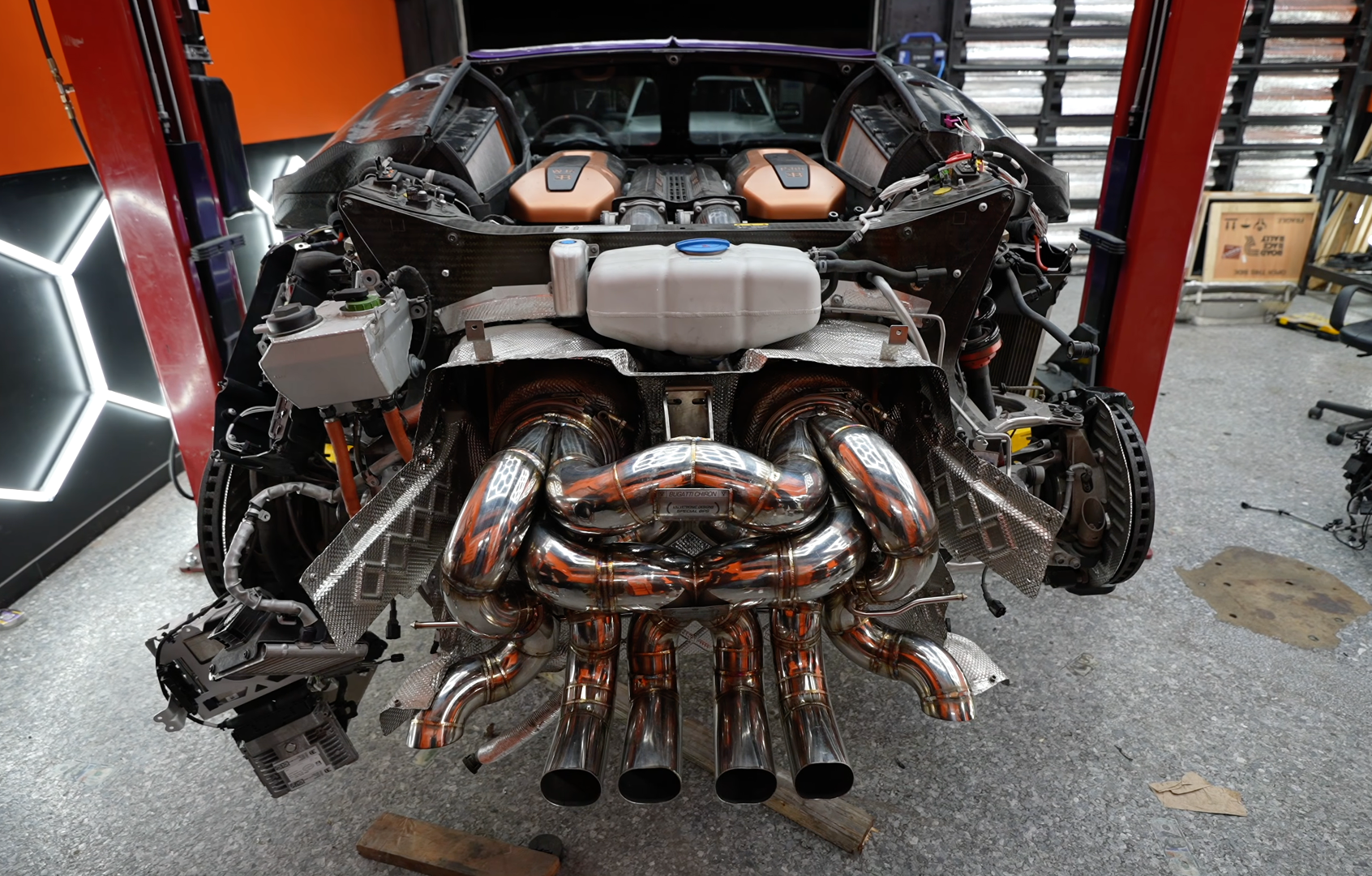Valvetronic Designs F1 Exhaust Bugatti Chiron Pur Sport manufacturer gallery: exhaust installed behind the car with the rear bodywork removed