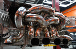 Valvetronic Designs F1 Exhaust Bugatti Chiron Pur Sport manufacturer gallery: installed exhaust loops and center outlets viewed from below