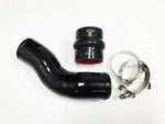 A top view of Evolution Racewerks BMW N55 (3.0T) E Chassis Turbo to Intercooler Charge Pipe (TIC) for 135i/335i/X1 in Type III Hard Anodize Black Finish