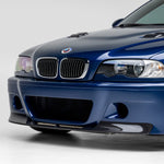Carbon V20 1-piece splitter on blue BMW E46 M3, front 3/4 view
