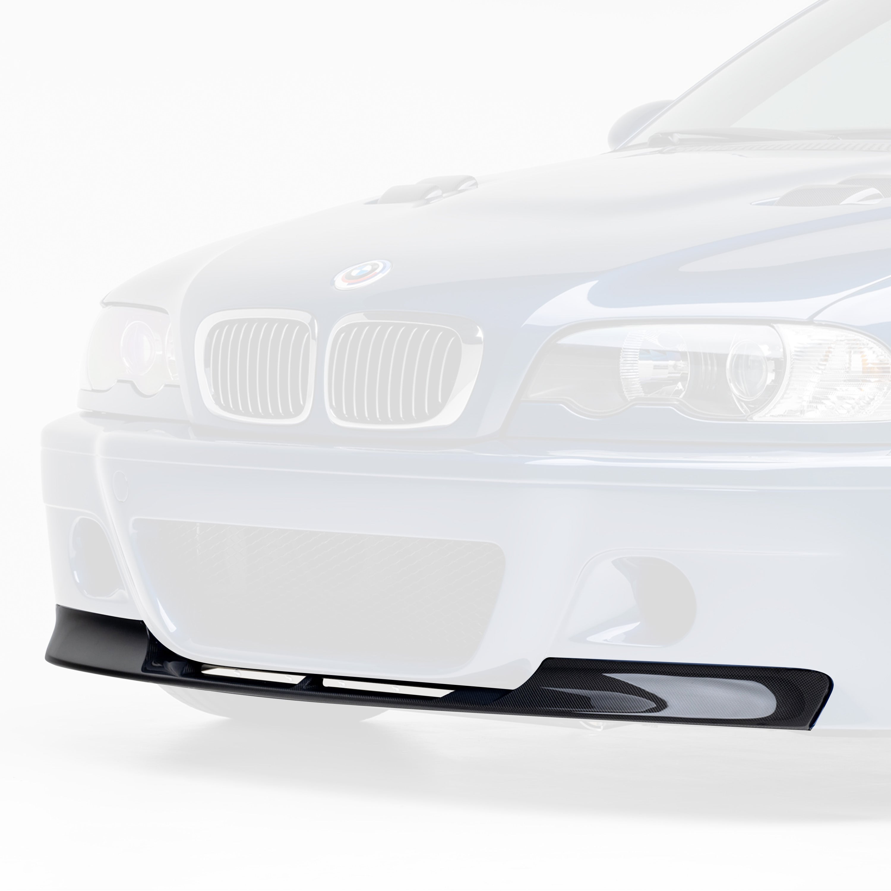 E46 M3 V20 1-piece splitter, faded view highlighting carbon