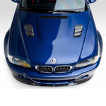 Blue E46 M3 with V20 splitter and hood, overhead front view