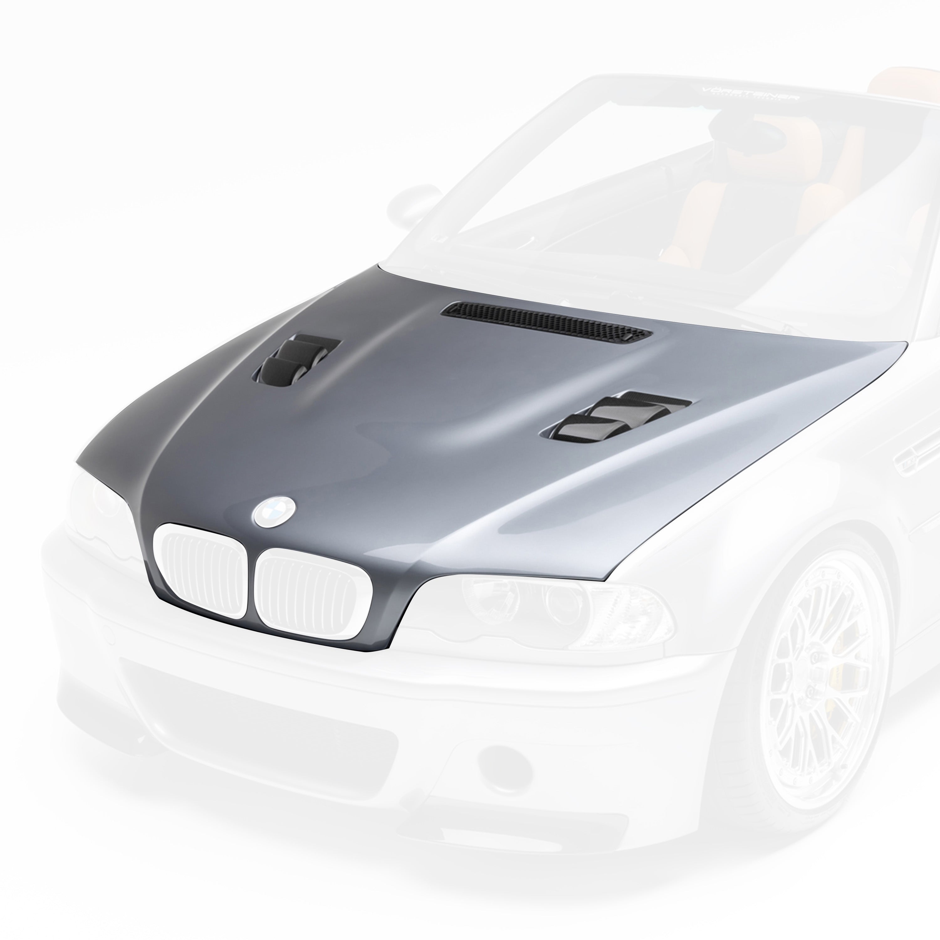 E46 M3 V20 hood, faded view highlighting carbon hood