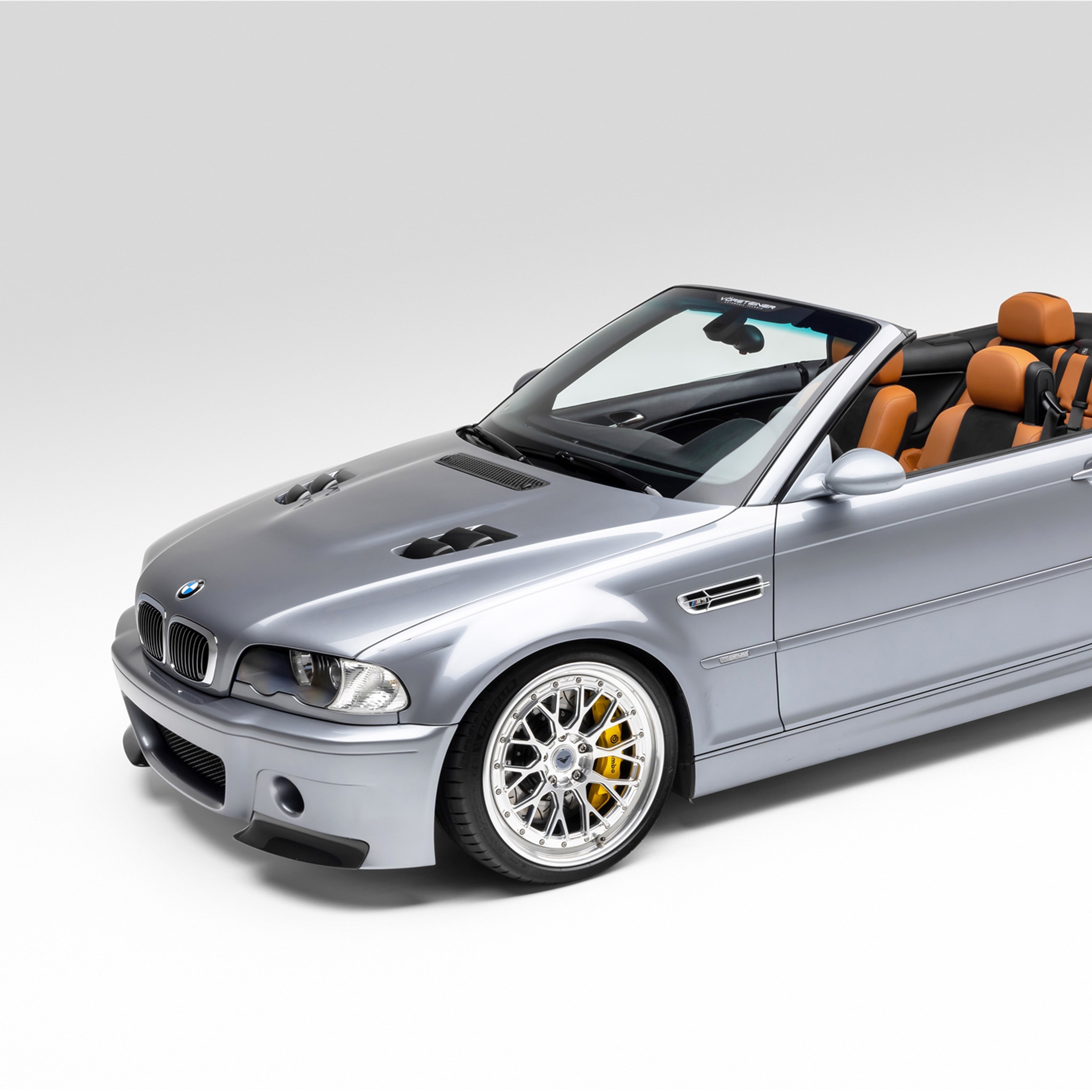 Silver E46 M3 convertible with V20 hood, high front 3/4