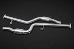 Wide view of Capristo Valved Exhaust, MidSilencer Delete, 200 Cell OPF/GPF Replacement, & Wicrom Tips (OE Actuators) for BMW M3/M4 G8X 2021-2024 with black background