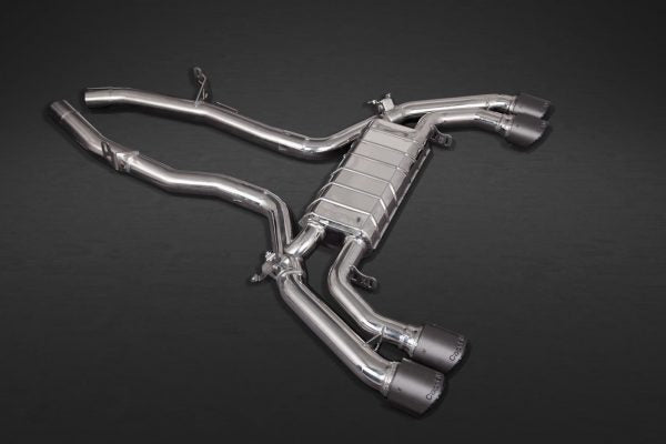 Wide view of Capristo Exhaust Valved Exhaust System w/ 200 Cell Sport Cat Mid Pipes & Carbon Fiber Tips BMW X3M Competition 2019-2022 with black background