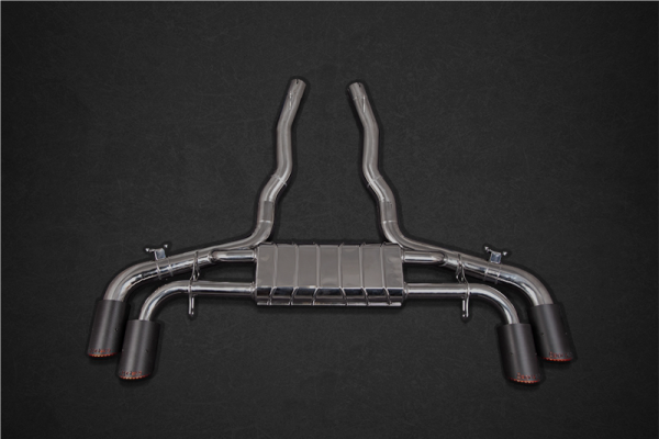 Wide view of Capristo Exhaust System, OPF Delete Mid Pipes, and Carbon Fiber Tips for BMW X5/6M GX 2018+ with black background