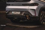 wide view of Capristo Valved Exhaust System with Anodized/Wicrom Tips (for OE Actuators), Mid-Pipes, and 200 Cell OPF/GPF Replacements for BMW XM 2023+ fitted inside a car