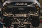 wide view of Capristo Valved Exhaust System with Anodized/Wicrom Tips (for OE Actuators), Mid-Pipes, and 200 Cell OPF/GPF Replacements for BMW XM 2023+ fitted inside a car