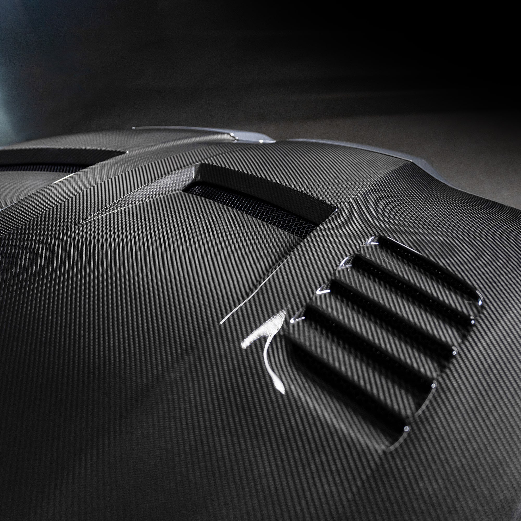 Carbon louvers on GTS-V bonnet, dark macro close-up