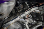 close view of Capristo Valved Exhaust w/ Mid-Silencer Delete 200 Cell OPF Replacement Wicrom Tips for BMW M2 G87 2023+ fitted inside a car