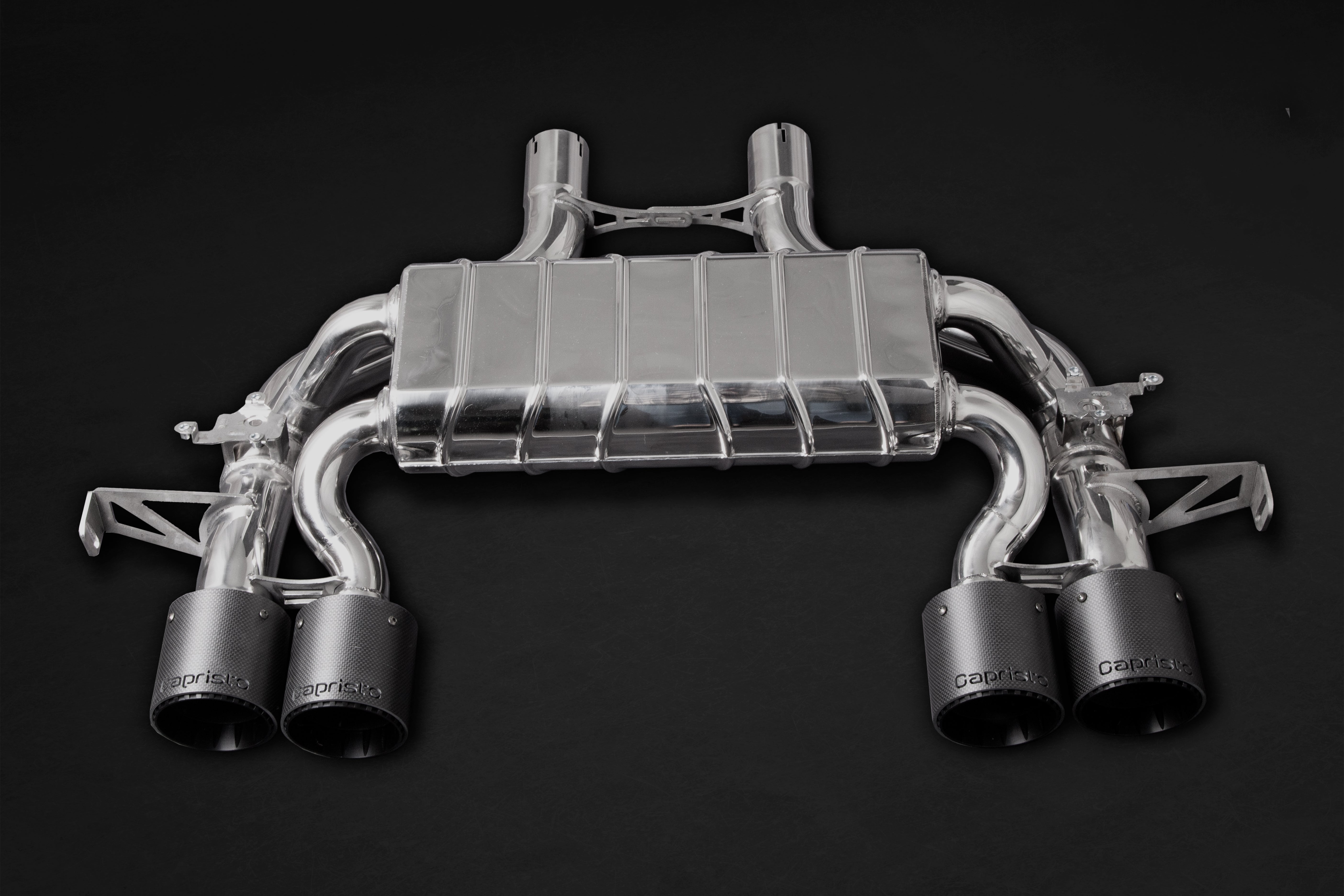 Capristo valved rear muffler for BMW M3 and M4 with quad black tips