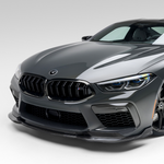 Carbon VRS front spoiler on grey BMW F9X M8, front 3/4 view