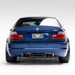 V-CSL ducktail bootlid on blue E46 M3, straight-on rear view