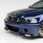 V-CSL 2-piece front splitters on blue BMW E46 M3 bumper, 3/4 view