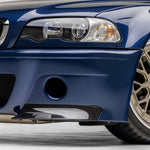 V-CSL splitter corner on blue E46 M3, low angled view
