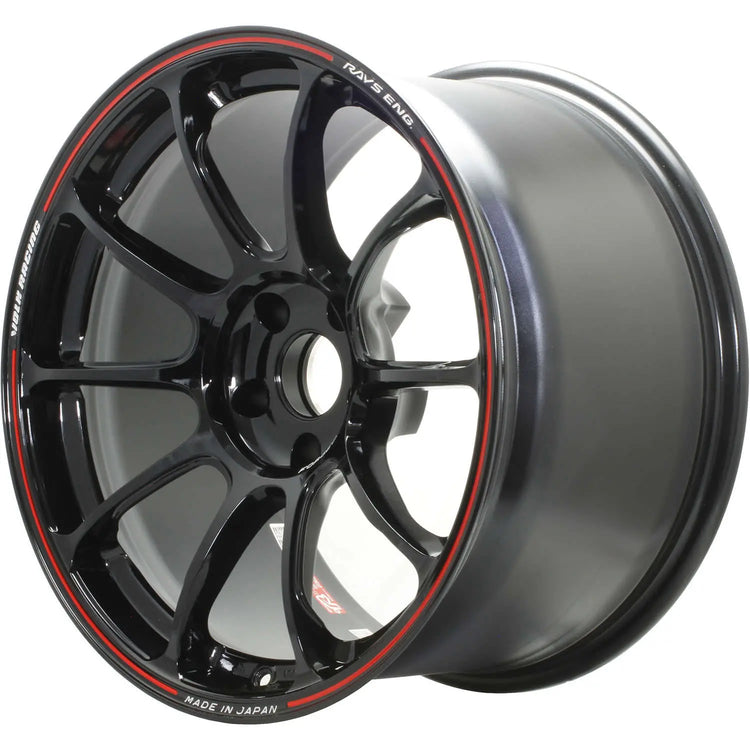 A front view of Volk Racing ZE40 Wheel 17x8 5x114.3 37mm Black Red with white background