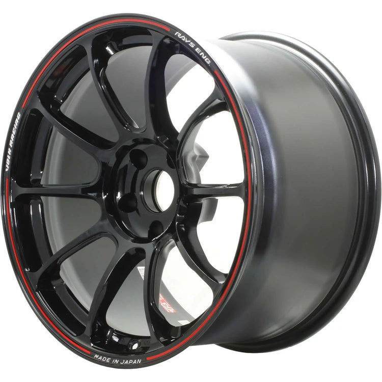 A front view of Volk Racing ZE40 Wheel 18x9.5 5x114.3 21mm Black Red with white background