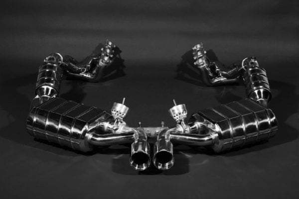 front wide view of Capristo Racing Valved Exhaust with Headers and 250 Cell Sports Cat (CES3) for Porsche 987 Boxster 2009-2012 with black background