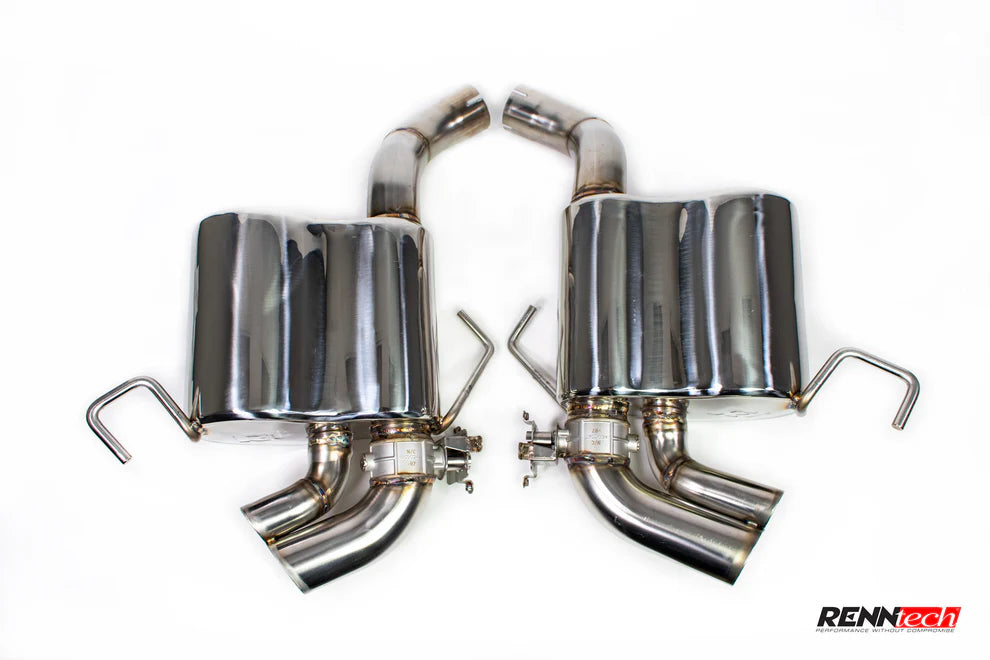 Stainless RennTech sport mufflers with valves and quad tips - Low and Loud Package Non-Axle Lift for the 2022-2026 SL 55 / SL 63 AMG