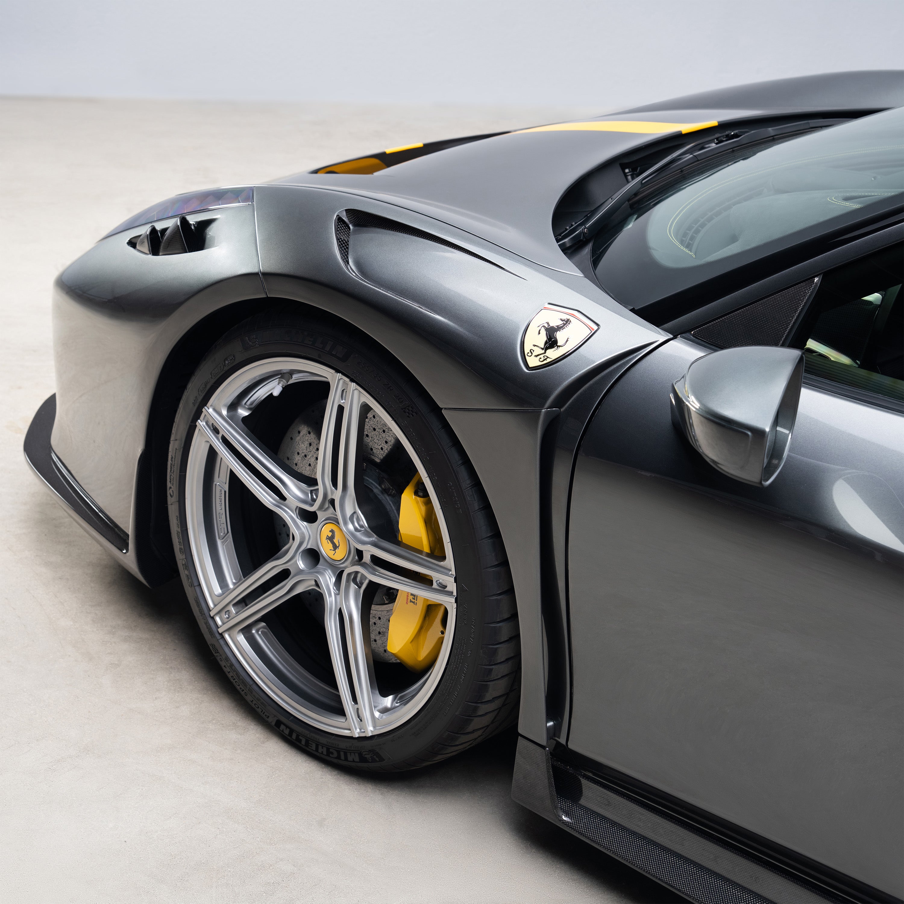 CTR front fender and side panel on Ferrari 458, close-up