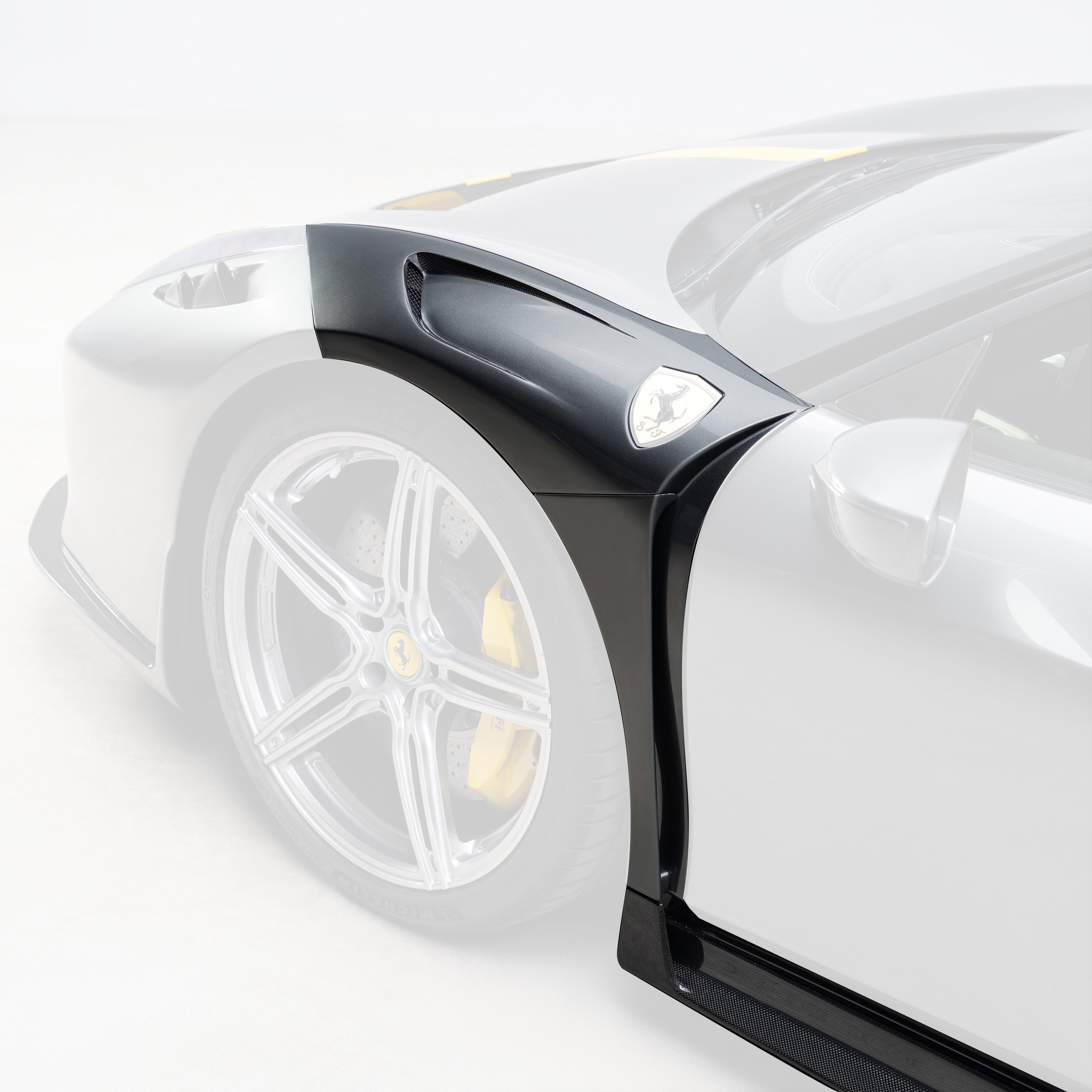 458 CTR fender panel, faded close-up highlighting carbon
