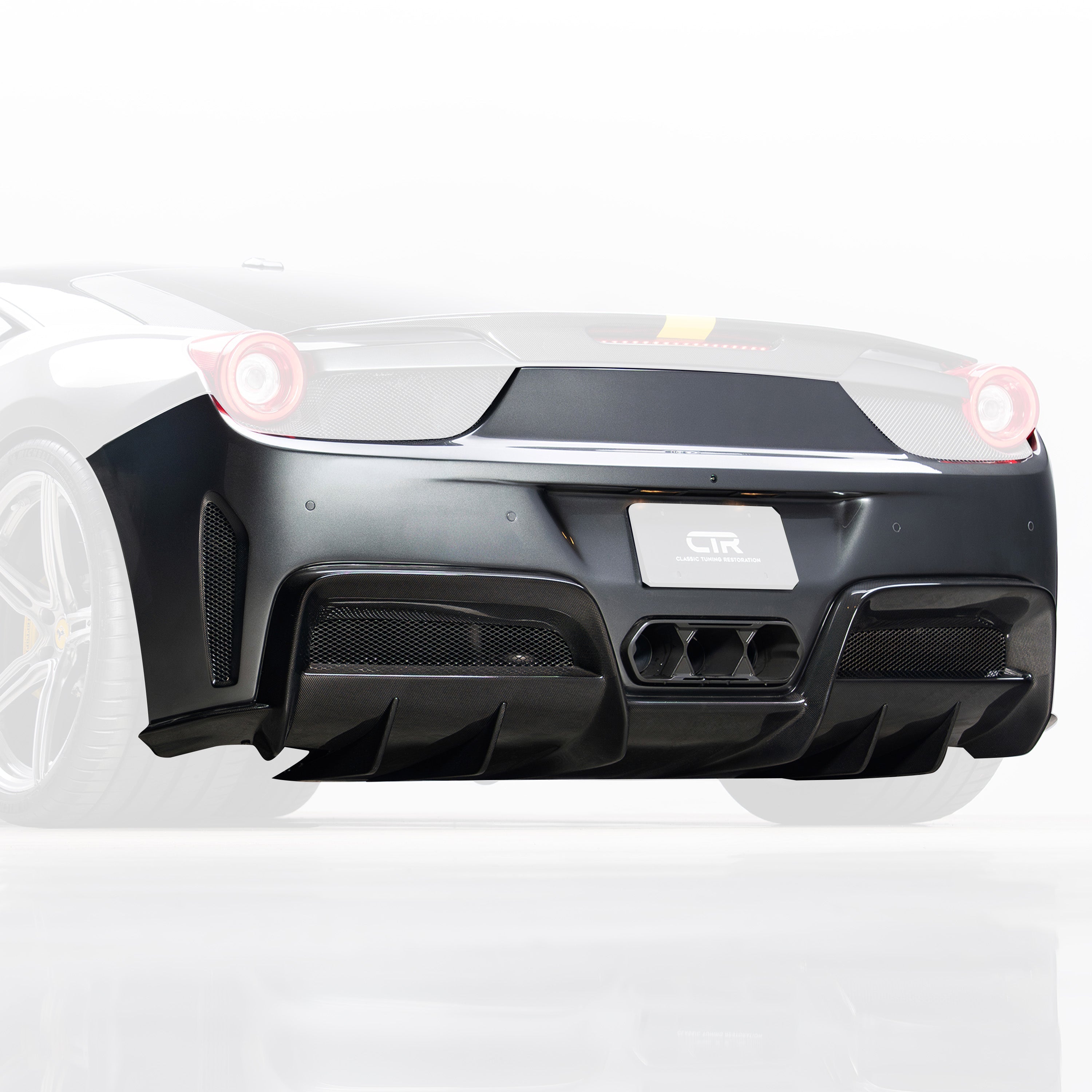 458 CTR rear package, faded view highlighting carbon parts