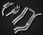 Wide view of Capristo OE Actuators Valved Exhaust System with Bevelled Carbon Fiber Tips E2P for Audi RS6 C8 2019-2025 with black background