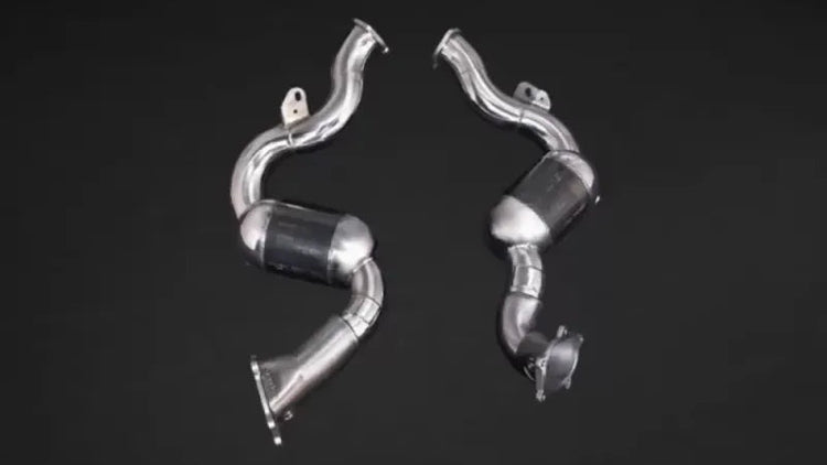wide view of Capristo Exhaust 250 Cell Sports Cats Downpipes for Audi S8 / S7 2010-2017 with black background