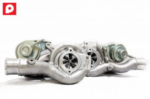 A front view of Pure Turbos Cadillac ATS-V Stage 2 Turbo Upgrade with a white background