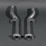 close view of Capristo Post-Cat Spare Pipes for Ferrari 599 GTB Fiorano 2006-2013 with grey background