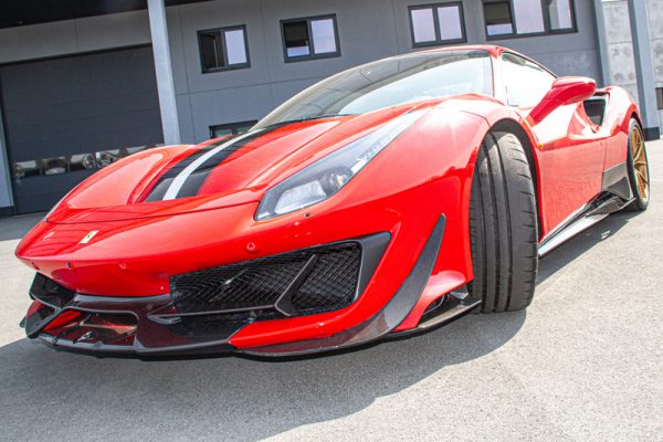wide view of Capristo Carbon Fiber Front Spoiler (with Side Wings) for Ferrari 488 Pista 2018-2020 fitted inside a car