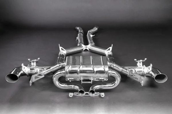 wide front view of Capristo Valved Exhaust with Mid-Pipes (incl. Cat Delete) (OE Actuators) for Mercedes AMG GTR 2017-2021 with black background