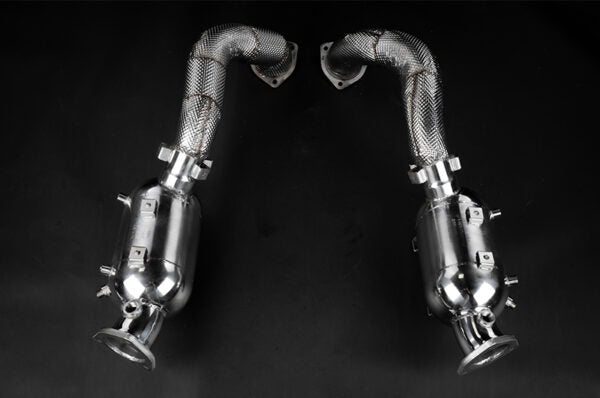 close top view of Capristo 100 Cell OPF Replacement Pipes for Porsche 718 GT4RS 2021-2025 with black background