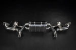 wide centre view of Capristo Valved Muffler (Slanted Wicrom Tips) for PSE for Porsche 718 GT4RS 2021-2025 with black background
