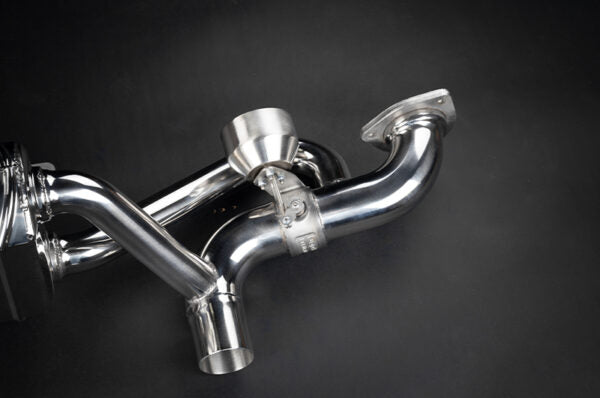 side top view of Capristo Valved Muffler for OE Tips for Porsche 718 GT4RS 2021-2025 with black background