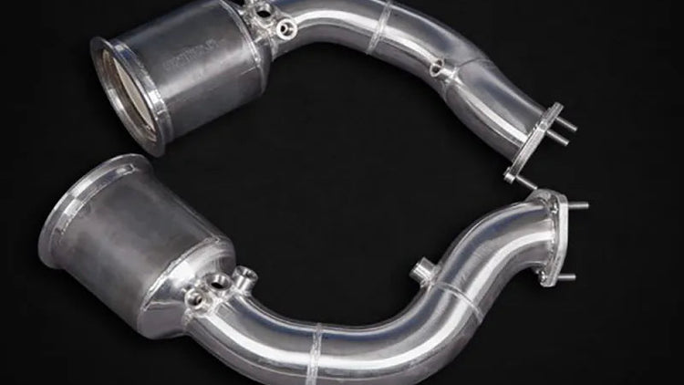 wide view of Capristo Exhaust 250 Cell Sports Cat Downpipes for Audi RSQ8 / SQ8 2019-2025 with black background