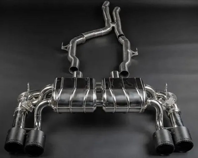 wide view of Capristo Exhaust OE Acutators Valved Exhaust w/ Mid-Silencer & Wicrom Tips for BMW M2 Competition / CS F87 2018–2021 with black background