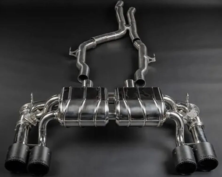 wide view of Capristo Exhaust OE Acutators Valved Exhaust w/ Mid-Silencer, OPF Race & Wicrom Tips BMW M2 Competition / CS F87 2019-2021 with black background