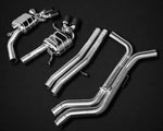 wide view of Capristo Valved Exhaust Bevelled Carbon Fiber Tips E2P for Audi RS6 2019-2025 with black background