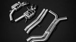 wide view of Capristo Valved Exhaust Carbon Fiber Tips E2P for Audi RS6 C8 2019-2025 with black background