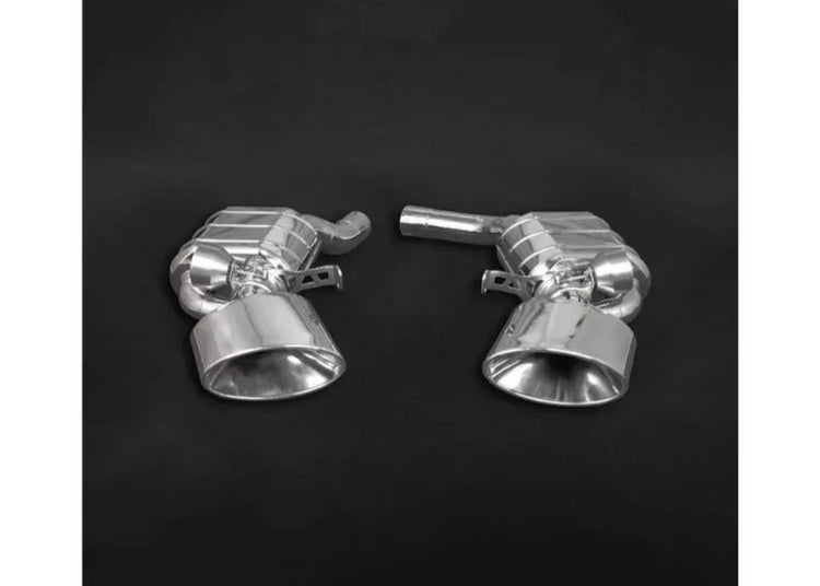 wide view of Capristo Valved Exhaust with RS-Style Oval Tips (E2P) for Audi RS6 C8 2019-2025 with black background