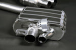 Close-up of Capristo Audi RS5 B8 valved muffler with valve actuator and twin polished outlets