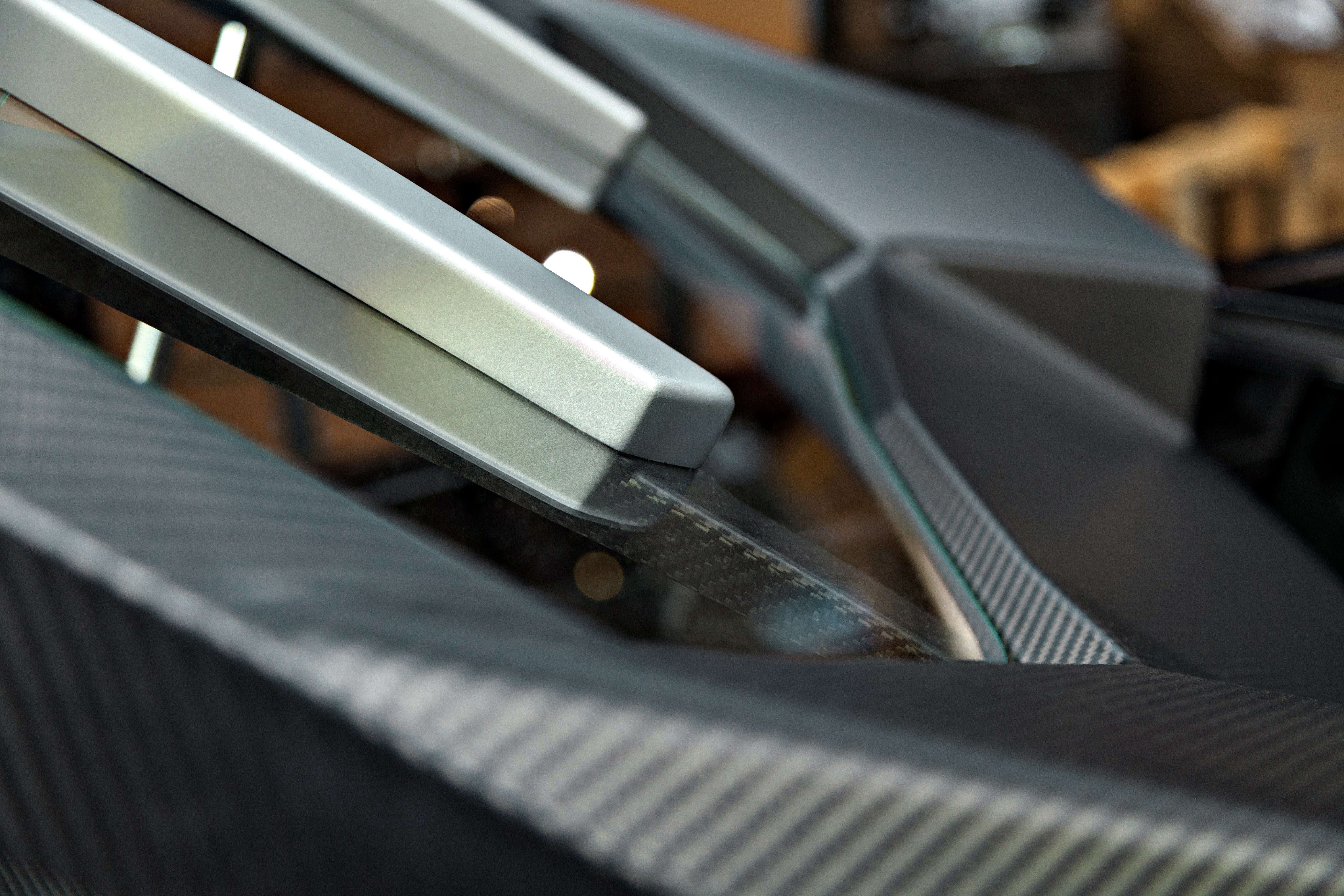 Close-up of carbon fiber and glass edge on Capristo Lamborghini Huracan bonnet